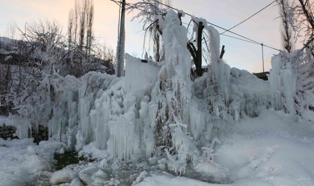 Uludere'de çeşme borusunun patlamasıyla buz sarkıtları oluştu