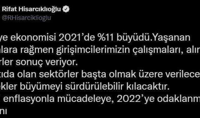 TOBB Başkanı Hisarcıklıoğlu: "Ekonomimiz 2021'de yüzde 11 büyüdü, şimdi enflasyonla mücadele zamanı"