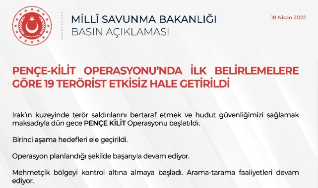 Pençe-Kilit Operasyonu'nda 19 terörist etkisiz hale getirildi