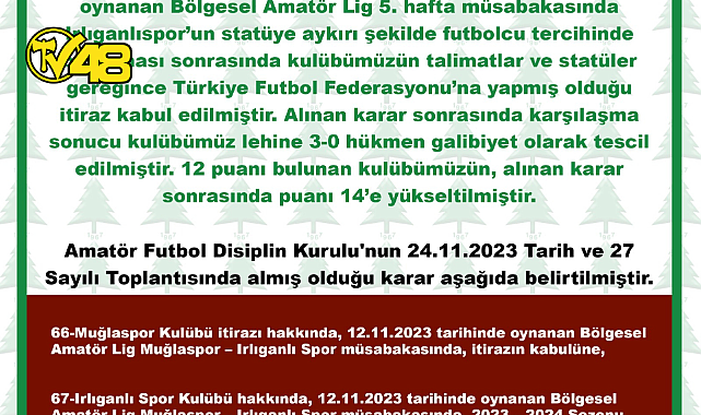 TFF MUĞLASPOR'U IRLIGANLISPOR MAÇINDAN DOLAYI HÜKMEN GALİP İLAN ETTİ
