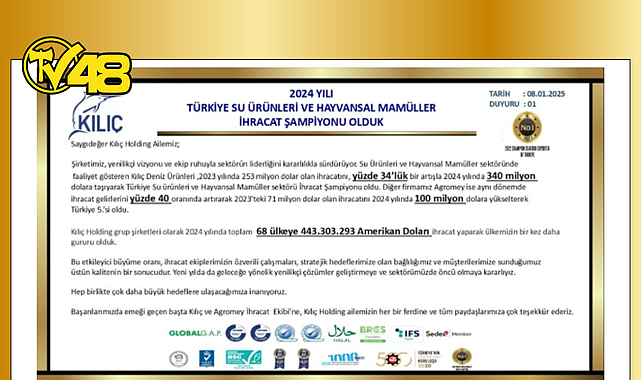 KILIÇ HOLDİNG, 2024 YILINDA DA TÜRKİYE SU ÜRÜNLERİ VE HAYVANSAL MAMULLER İHRACAT ŞAMPİYONU OLDU